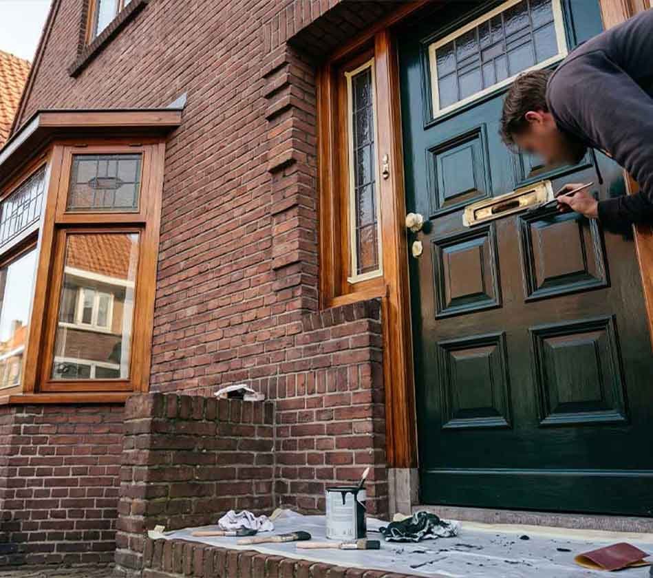 Schilder werkt het beslag van een donkergroene voordeur bij aan een oude bakstenen woning