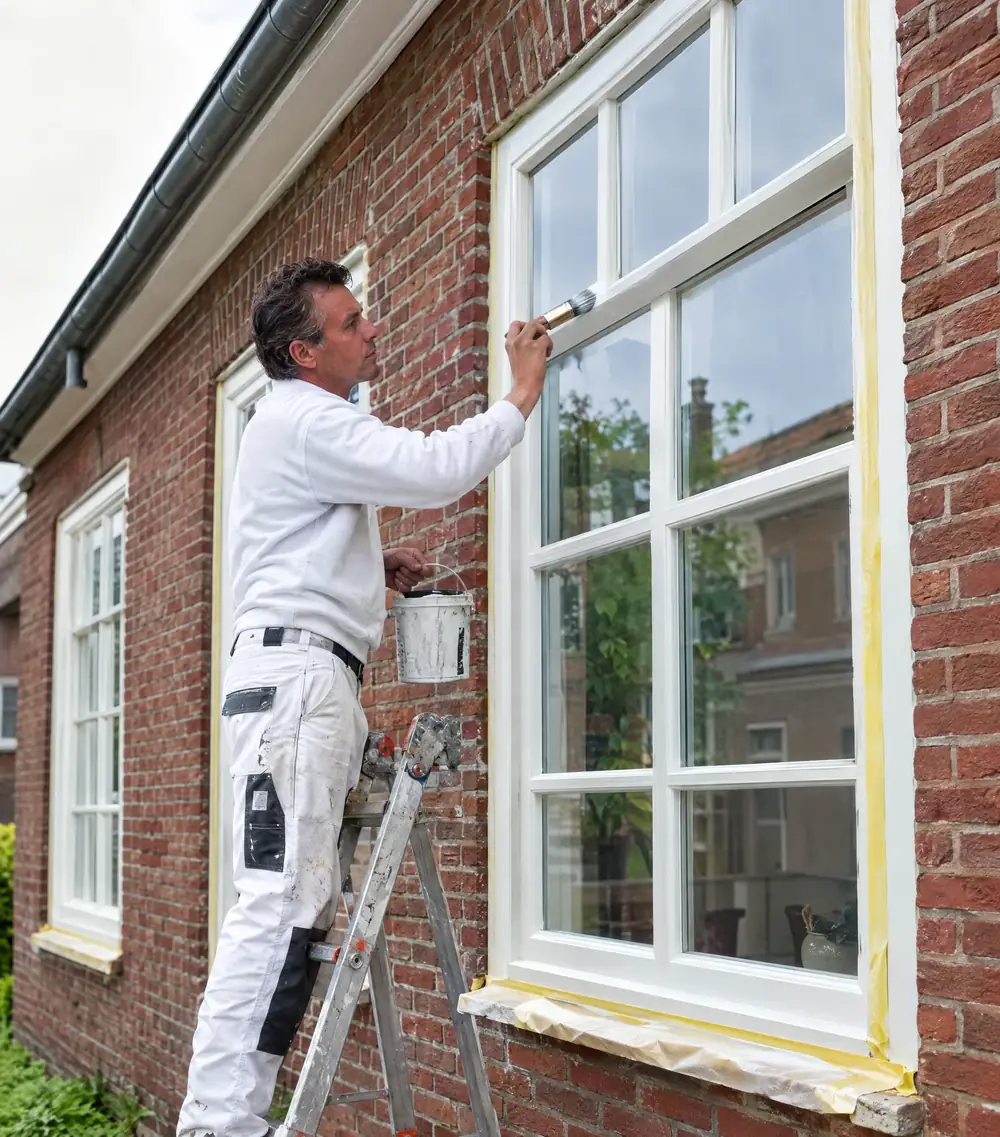 Schilder van BFI Schilderwerk schildert witte houten kozijnen van een bakstenen woning