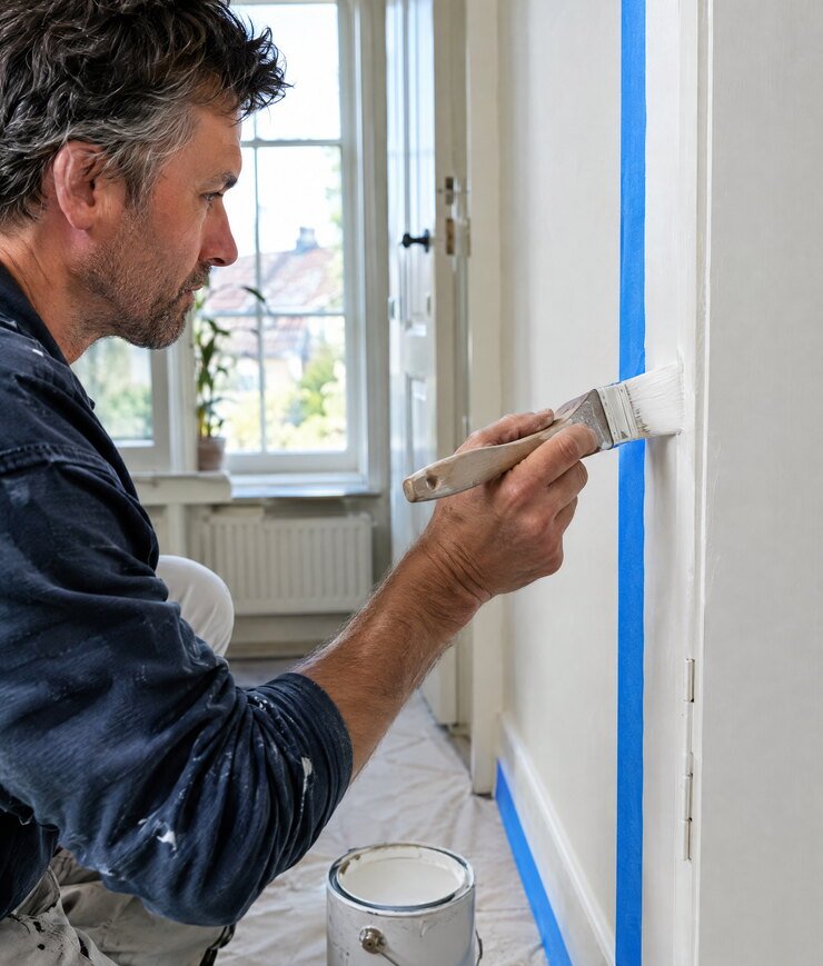 Ervaren schilder werkt een binnendeurkozijn strak af met kwast en afplaktape