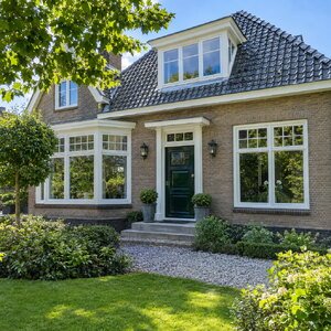 Vers geschilderde groene voordeur en witte kozijnen van een woning in Baarn