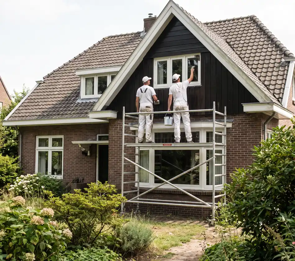 Schilders op een steiger schilderen de houten gevel van een grote vrijstaande woning