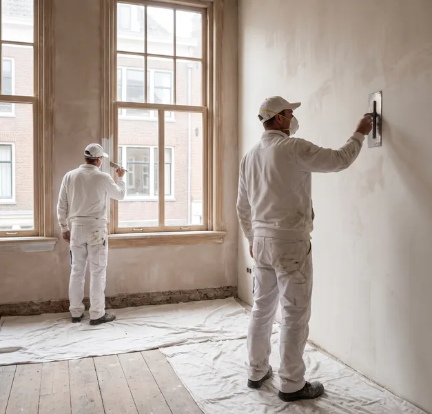 Stukadoor en schilder werken samen in een gerenoveerd Nederlands interieur