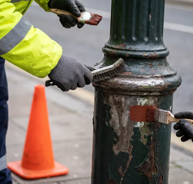 Werknemer schuurt en primert de voet van een stalen lichtmast met corrosiewerende primer
