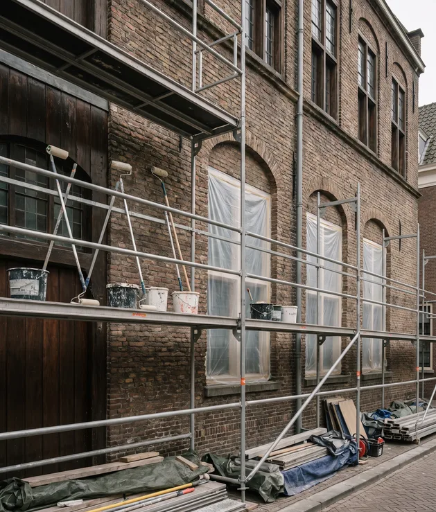 Steiger tegen de gevel van een groot gemeentelijk gebouw dat opnieuw wordt geschilderd