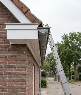 Vers geschilderd wit boeiboord en zinken dakgoot met een ladder ertegenaan