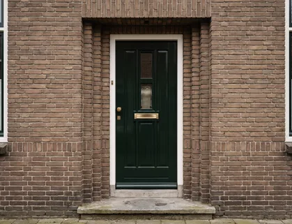 Vers geschilderde donkergroene voordeur met wit kozijn aan een jaren-30 woning