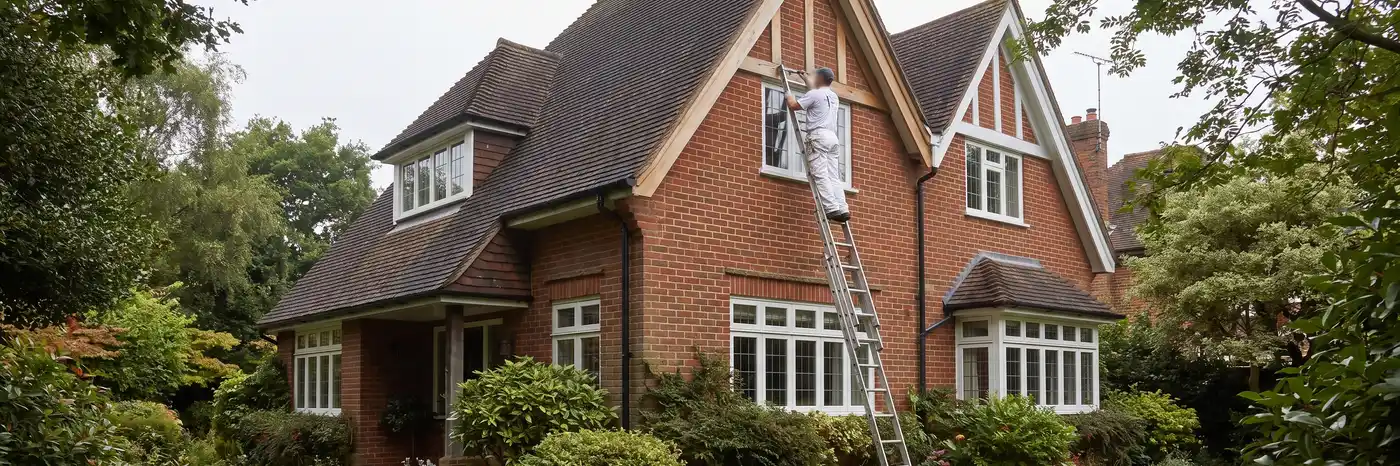 Ruime jaren-30 woning met witte kozijnen waar een schilder op een ladder aan het werk is