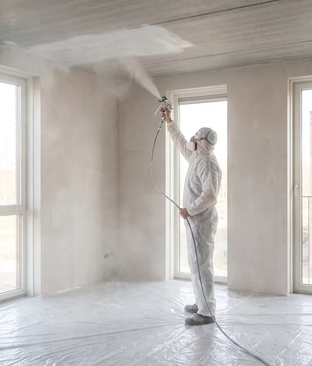 Schilder spuit met een airless spuit latex op het plafond van een nieuwbouwruimte