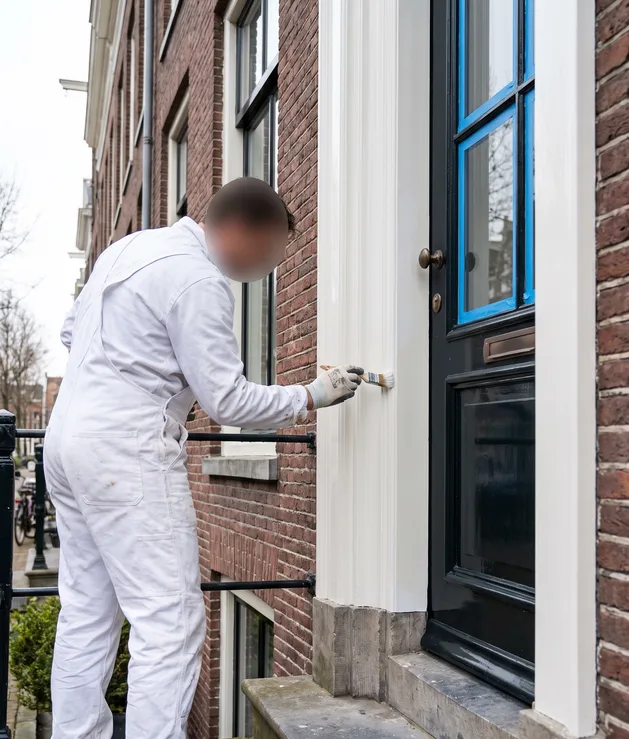 Schilder brengt de afsluitende laklaag aan op het houten kozijn van een voordeur