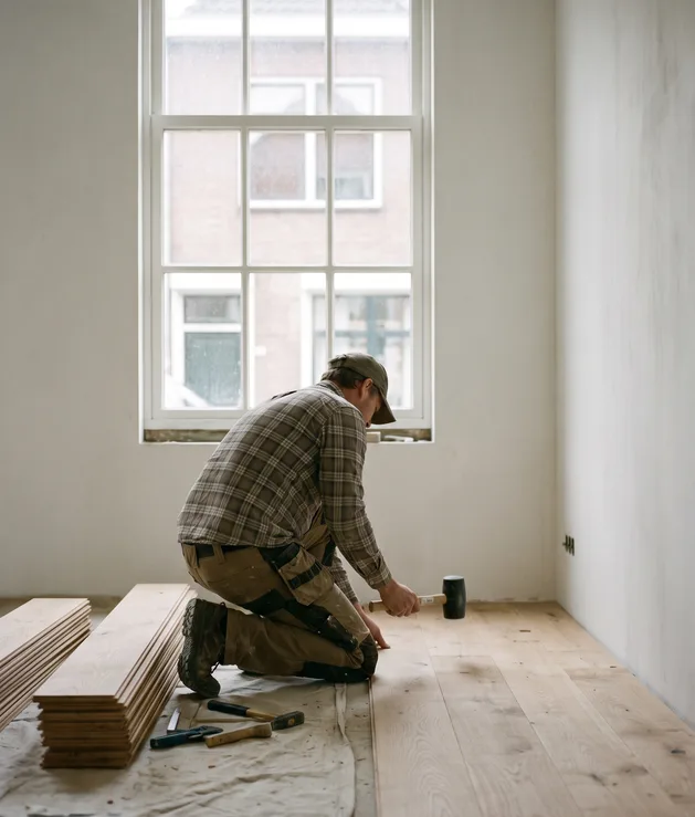 Timmerman legt houten vloerdelen in een gerenoveerde woonkamer